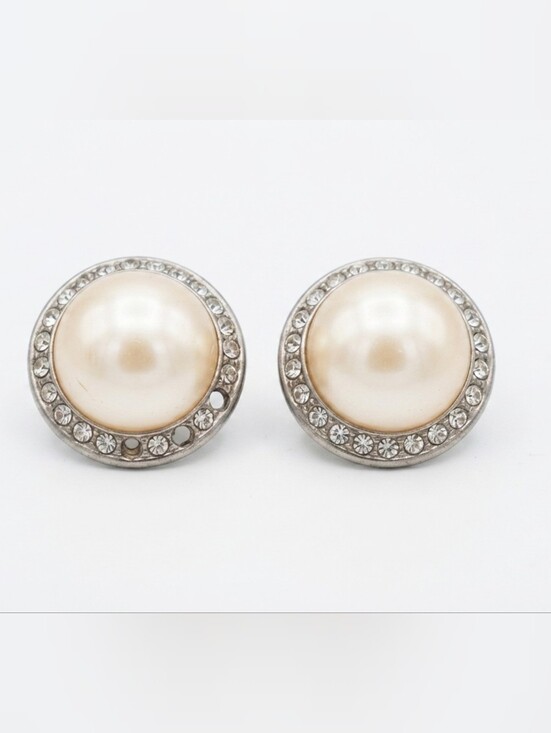 Jewelry - Vintage Faux Pearl Rhinestone Clip On Earrings Retro 1950s 1960s Costume Jewelry